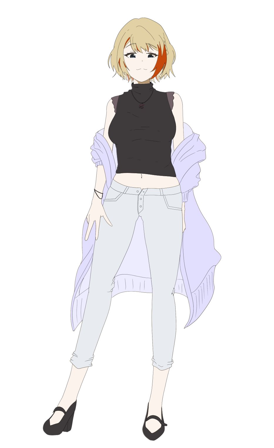 1girl :3 alternate_eye_color arm_behind_back black_eyes black_footwear black_shirt braid breasts buttons catnamenothing closed_mouth contrapposto full_body grey_pants high_heels highres jewelry light_brown_hair looking_at_viewer looking_down medium_breasts midriff multicolored_hair nanashi_inc. navel necklace official_alternate_costume open_fly orange_hair pants purple_shirt shirt shirt_partially_removed short_hair simple_background sleeveless sleeveless_shirt smile solo split_mouth standing touri_sei touri_sei_(2nd_costume) turtleneck two-tone_hair virtual_youtuber w white_background