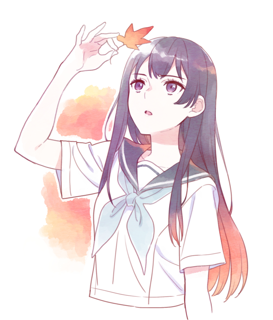 1girl arm_up black_hair black_sailor_collar blue_neckerchief hanashiro_anzu highres holding holding_leaf ito_fumi leaf long_hair looking_up maple_leaf natsu_e_no_tunnel_sayonara_no_deguchi neckerchief parted_lips purple_eyes sailor_collar school_uniform shirt short_sleeves simple_background solo upper_body white_shirt