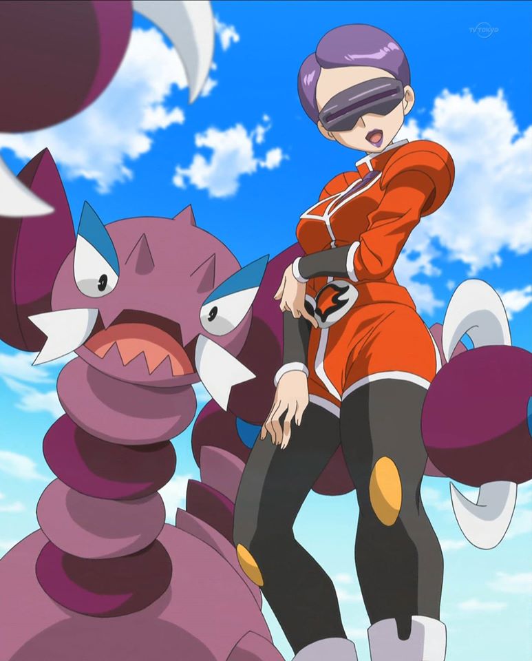1girl celosia_(pokemon) drapion female_focus gen_4_pokemon looking_at_viewer monster nintendo pokemon pokemon_(anime) pokemon_(creature) purple-tinted_eyewear purple_hair screencap short_hair sky solo team_flare tinted_eyewear visor