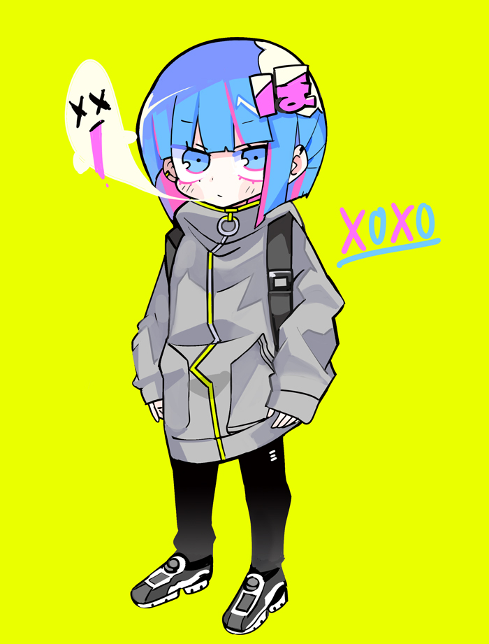 1girl backpack bag black_pants black_shoes blue_eyes blue_hair blunt_bangs blunt_ends blush_stickers character_request closed_mouth colored_inner_hair commentary_request copyright_request double-parted_bangs dripping expressionless eyelashes full_body ghost grey_jacket grey_sleeves jacket kanji_hair_ornament long_sleeves medium_hair multicolored_hair o-ring pants pink_hair shoes simple_background sleeves_past_wrists sneakers solo streaked_hair terada_tera tongue turtleneck turtleneck_jacket x_x xo yellow_background zipper_pull_tab