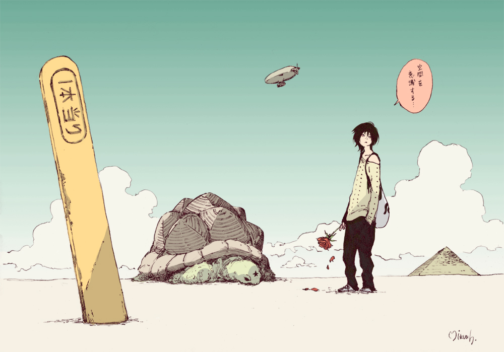 1boy aircraft animal bag black_hair cloud day desert dirigible flower graphite_(medium) makkamu mechanical_pencil original pencil popsicle_stick pyramid_(structure) rose scenery short_hair signature sky traditional_media turtle