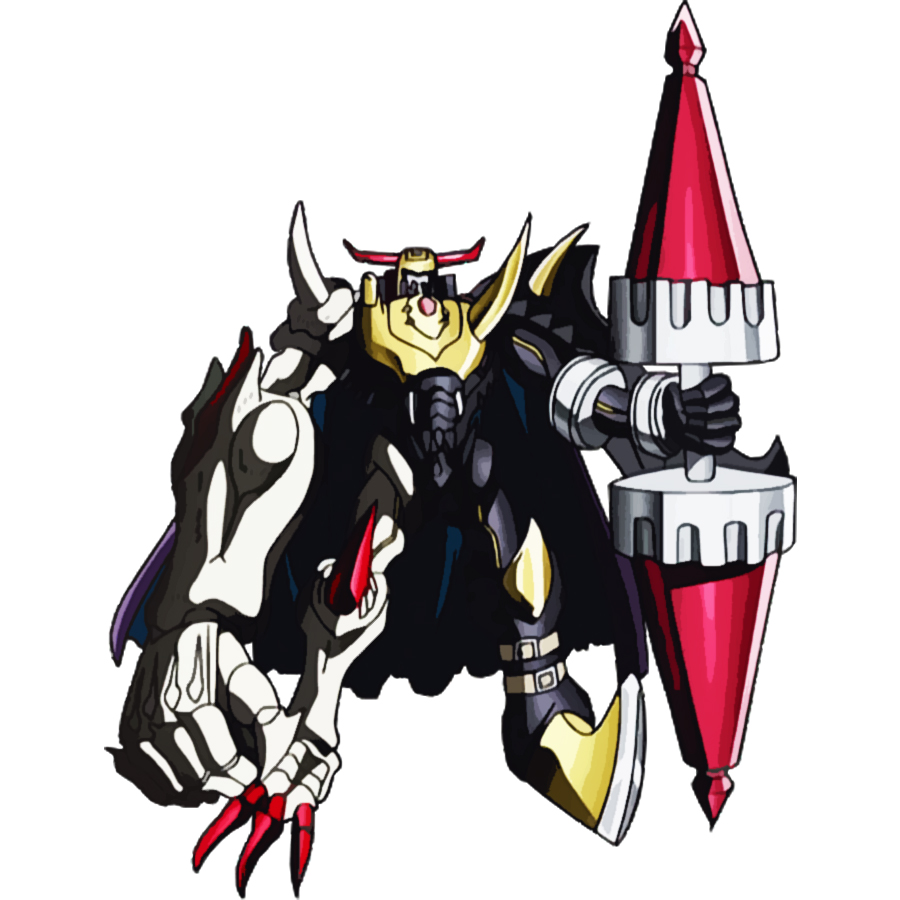 bagramon cape claws darkknightmon darkknightmon_(bagramon) digimon digimon_(creature) fusion horns lance polearm solo spikes weapon
