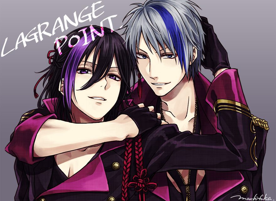 2boys artist_name black_gloves black_hair blue_eyes deepstrait earrings gloves grey_hair half_gloves himuro_kira jewelry machi_fuka makishima_shy male_focus marginal_#4 multicolored_hair multiple_boys parted_lips purple_eyes signature single_earring smile streaked_hair zipper