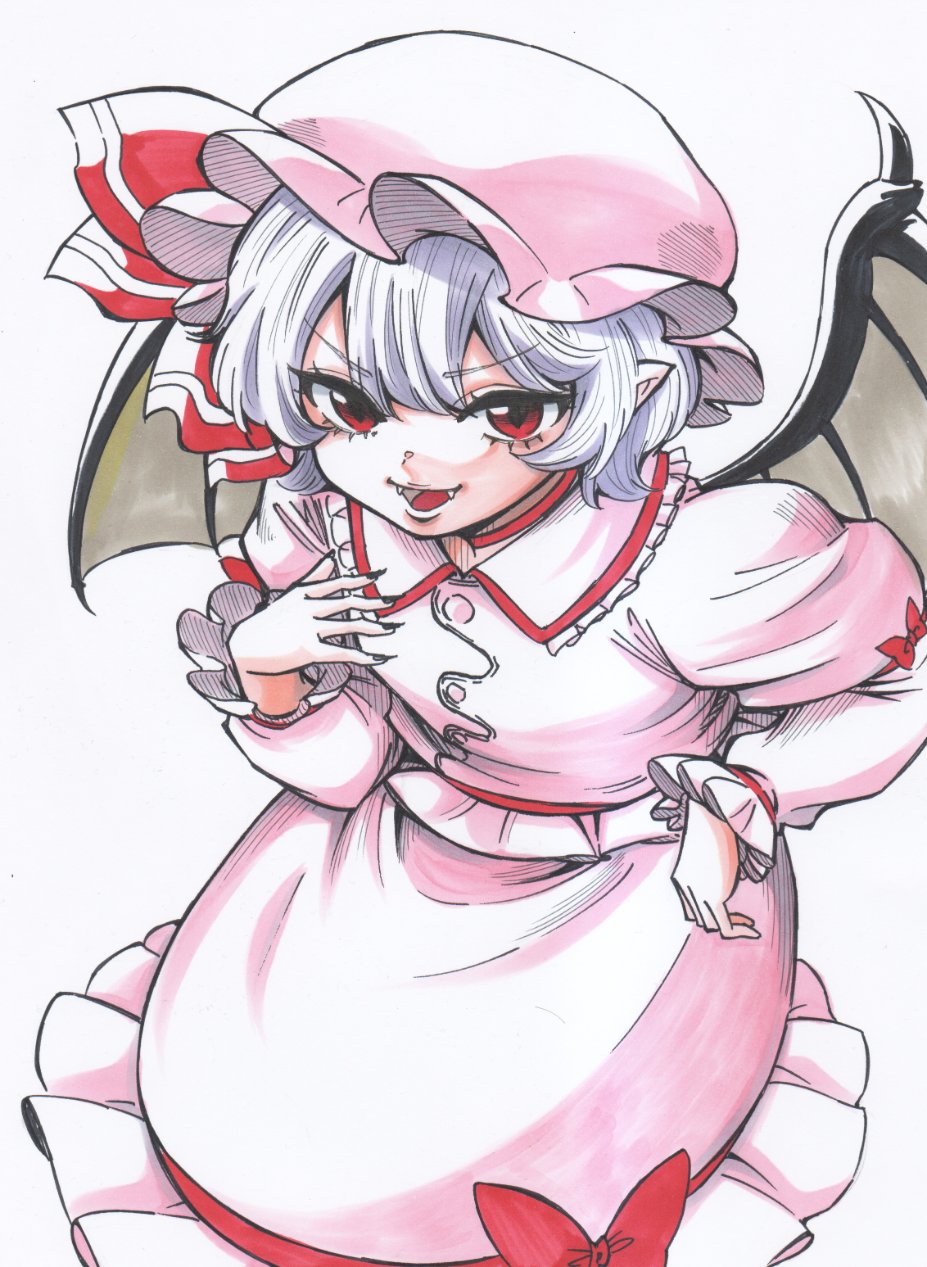 1girl bat_wings blue_hair collared_shirt commentary_request fangs fingernails frilled_shirt_collar frills hair_between_eyes hat hat_ribbon highres long_sleeves looking_at_viewer mob_cap open_mouth pink_hat pink_shirt pink_skirt pointy_ears puffy_long_sleeves puffy_sleeves red_eyes red_nails red_ribbon remilia_scarlet ribbon s590220 sharp_fingernails shirt short_hair simple_background skirt skirt_set smile solo touhou white_background wings