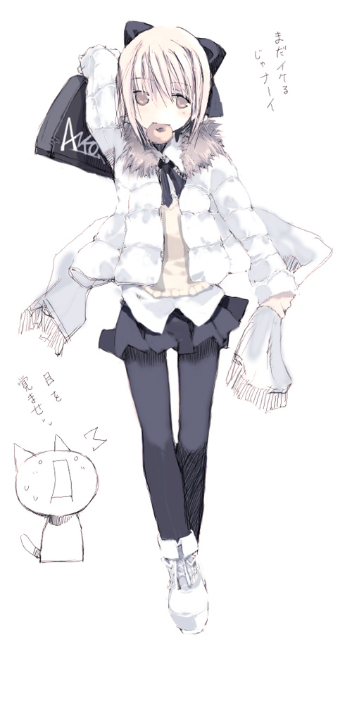 1girl blonde_hair bow cat female_focus full_body ganges_gawa ganges_river giko hair_ribbon kimuraya_anko mouth_hold pantyhose ribbon scarf short_hair solo standing ukagaka