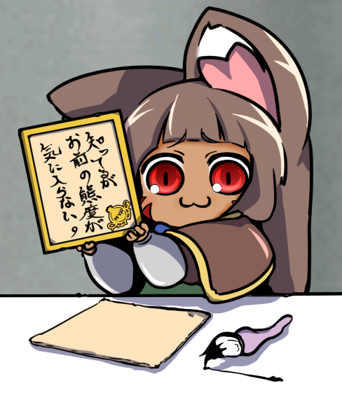 1girl :3 animal_ear_fluff animal_ears blunt_bangs brown_capelet brown_hair capelet cat_ears cat_girl chibi closed_mouth commentary_request dark-skinned_female dark_skin grey_background ink long_hair looking_at_viewer mvp obuchi_keizou paintbrush paper parody ragnarok_iris ragnarok_online red_eyes solo summoner_(ragnarok_online) upper_body