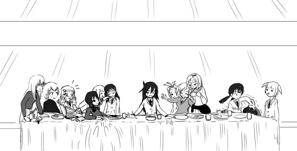 bags_under_eyes embarrassed fine_art_parody futaki greyscale hair_between_eyes hikari_ito hirasawa_shizuku kanann katou_asuka kuroki_tomoko minami_koharu monochrome parody tanaka_mako the_last_supper uchi_emiri watashi_ga_motenai_no_wa_dou_kangaetemo_omaera_ga_warui! yoshida_masaki