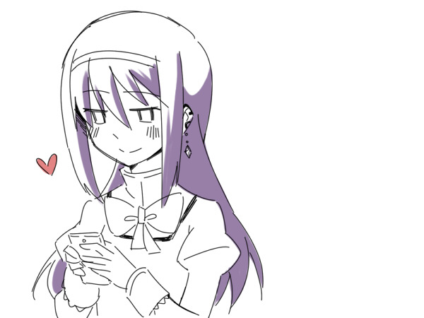1girl akemi_homura ange_(angeban93) blush bow cellphone commentary english_commentary headband heart long_hair looking_at_phone mahou_shoujo_madoka_magica mitakihara_school_uniform partially_colored phone purple_hair school_uniform smartphone smile text_messaging