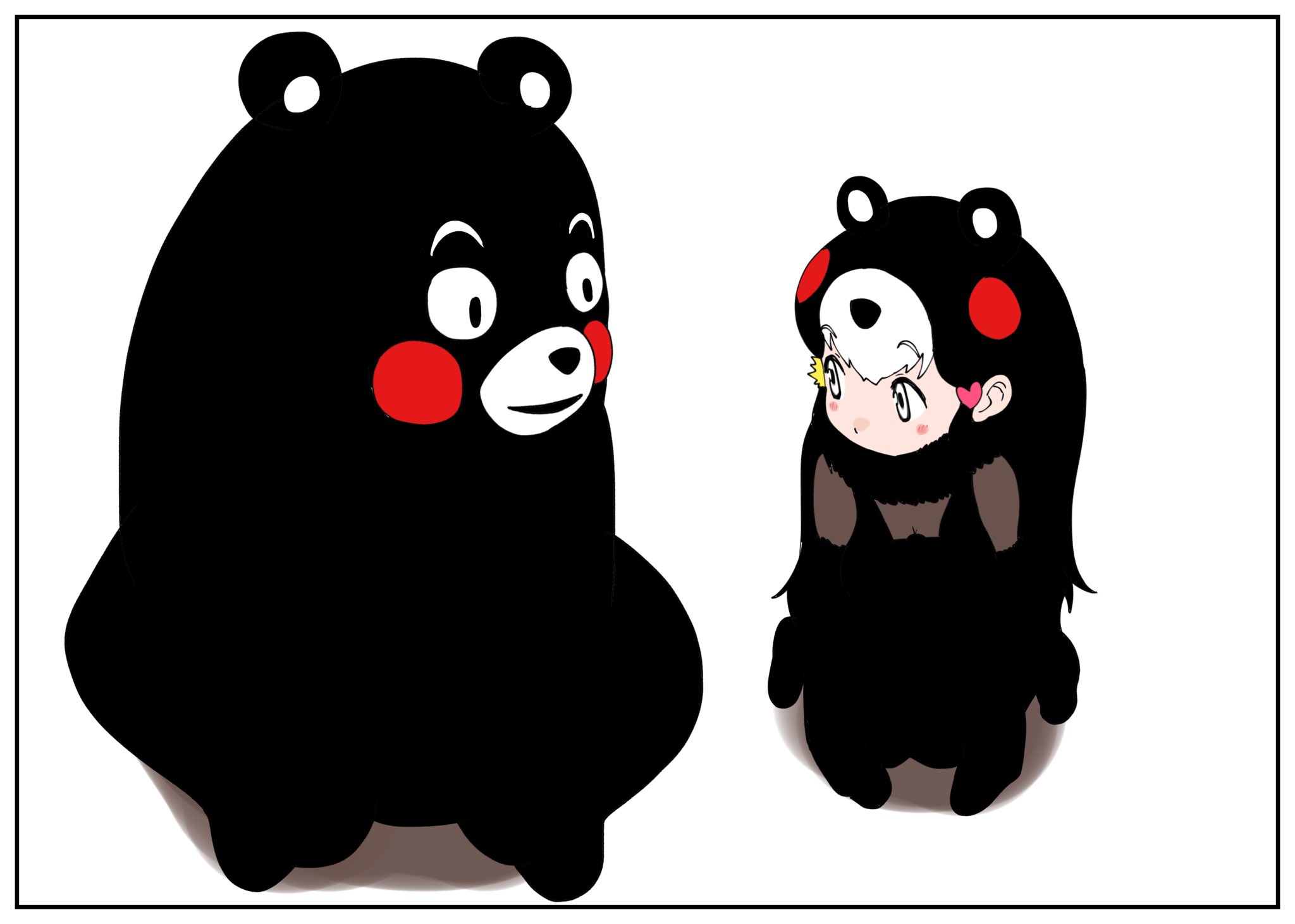 1girl 1other animal_ears bear bear_ears bear_girl black_dress black_gloves black_hair blush cats_yone chibi_kumamon_(kemono_friends) dress elbow_gloves extra_ears gloves grey_eyes hair_ornament heart heart_hair_ornament highres kemono_friends kemono_friends_3 kumamon long_hair looking_at_another multicolored_hair red_hair sidelocks solo star_(symbol) star_hair_ornament white_hair