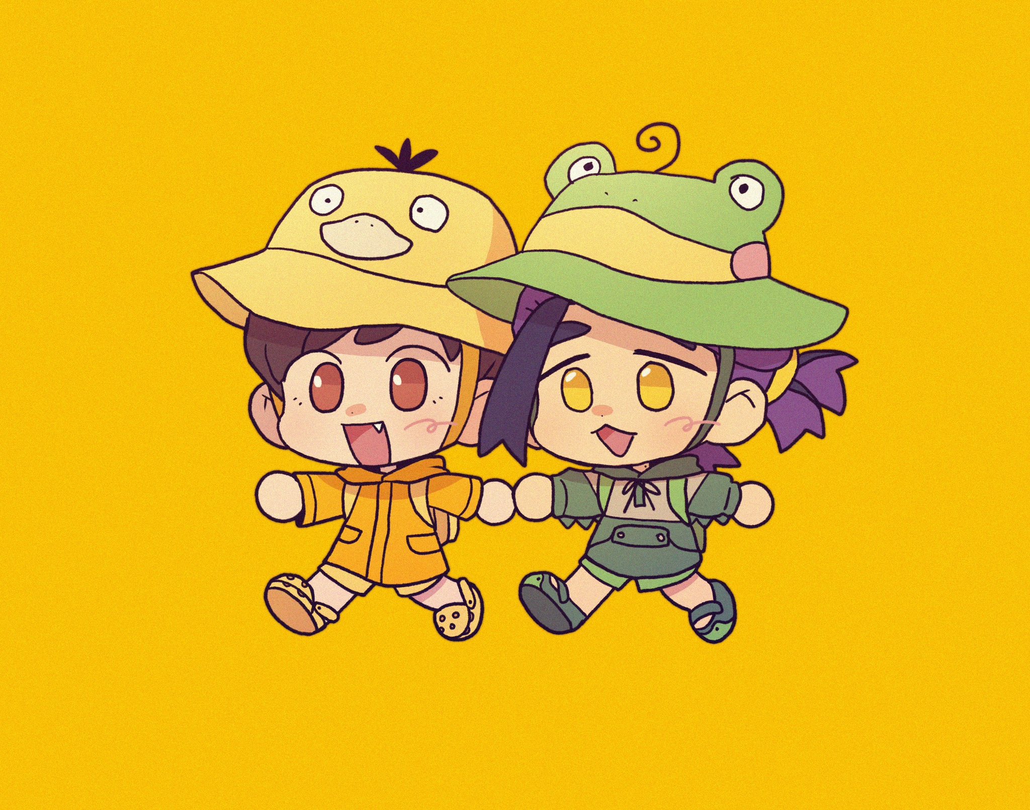 2boys :d alternate_costume brown_hair coat commentary fang florian_(pokemon) green_footwear green_hat happy hat highres holding_hands kieran_(pokemon) legs_apart loose_hair_strand male_focus multiple_boys nintendo open_mouth orange_coat pokemon pokemon_sv purple_hair shoes short_hair shorts simple_background smile submashell symbol-only_commentary yellow_background yellow_hat yellow_shoes yellow_shorts