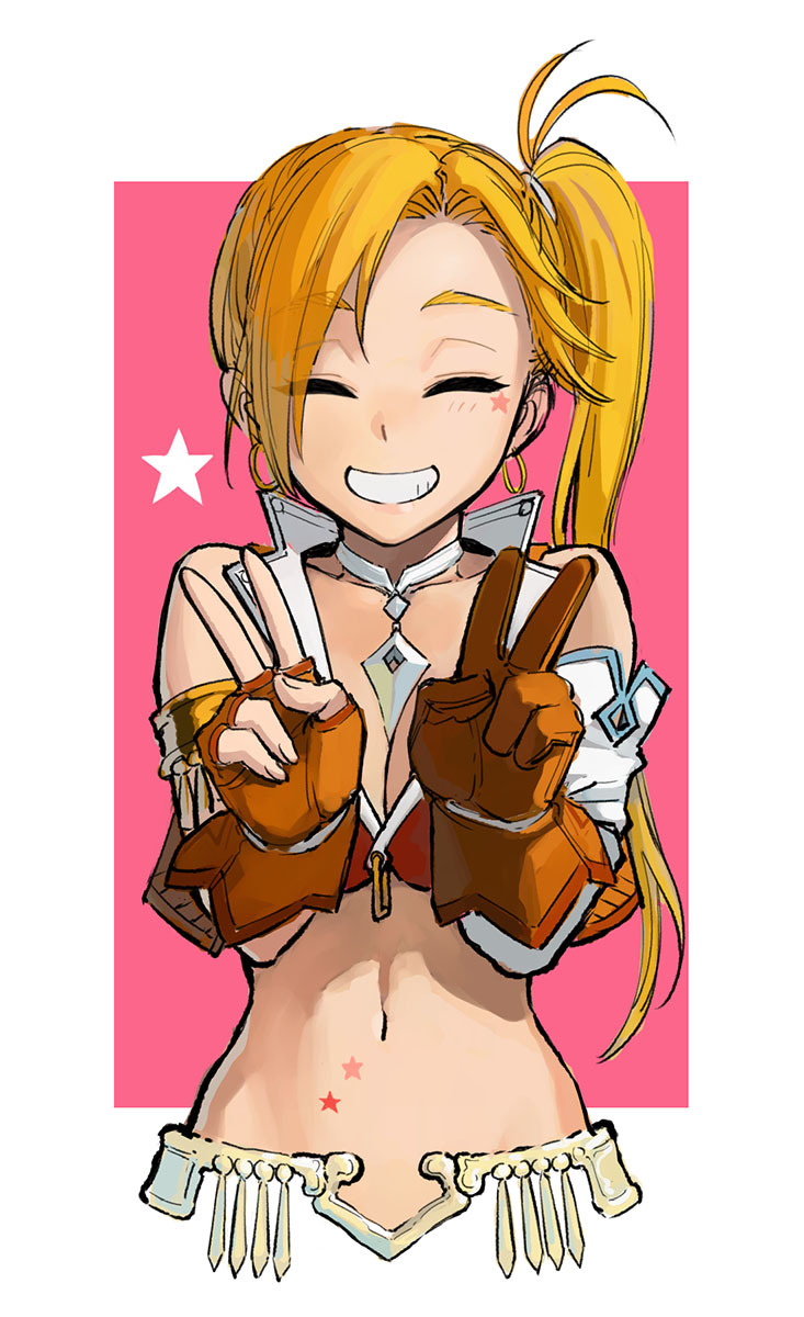 1girl asymmetrical_gloves b_suke bikini blonde_hair brown_gloves calamity_jane_(fate) calamity_jane_(first_ascension)_(fate) closed_eyes double_v facing_viewer fate/grand_order fate_(series) gloves grin highres long_hair mismatched_gloves navel one_side_up partially_fingerless_gloves red_bikini simple_background smile solo star_(symbol) swimsuit upper_body v vest