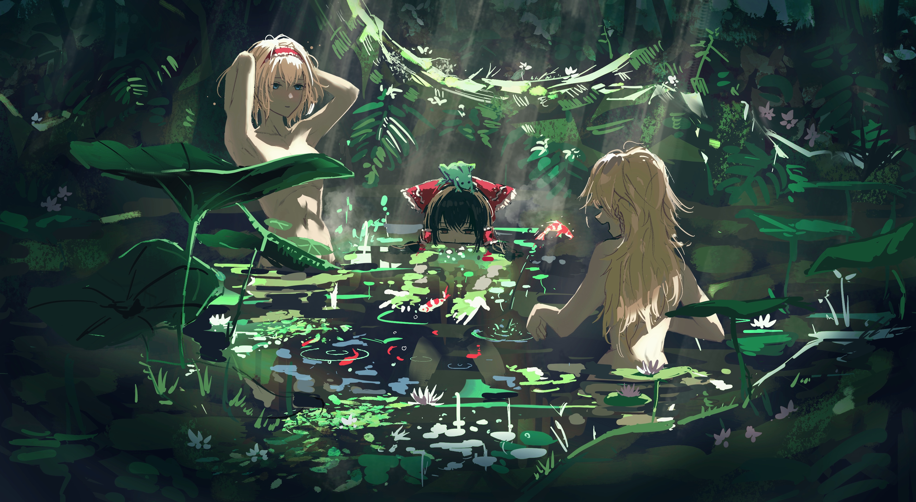 3girls absurdres alice_margatroid blonde_hair blue_eyes brown_hair convenient_censoring flower frog hairband hakurei_reimu highres kirisame_marisa lily_pad long_hair lotus lotus_leaf multiple_girls nature outdoors plant pond reflection reflective_water ripples scenery touhou tree water water_lily_flower yautja