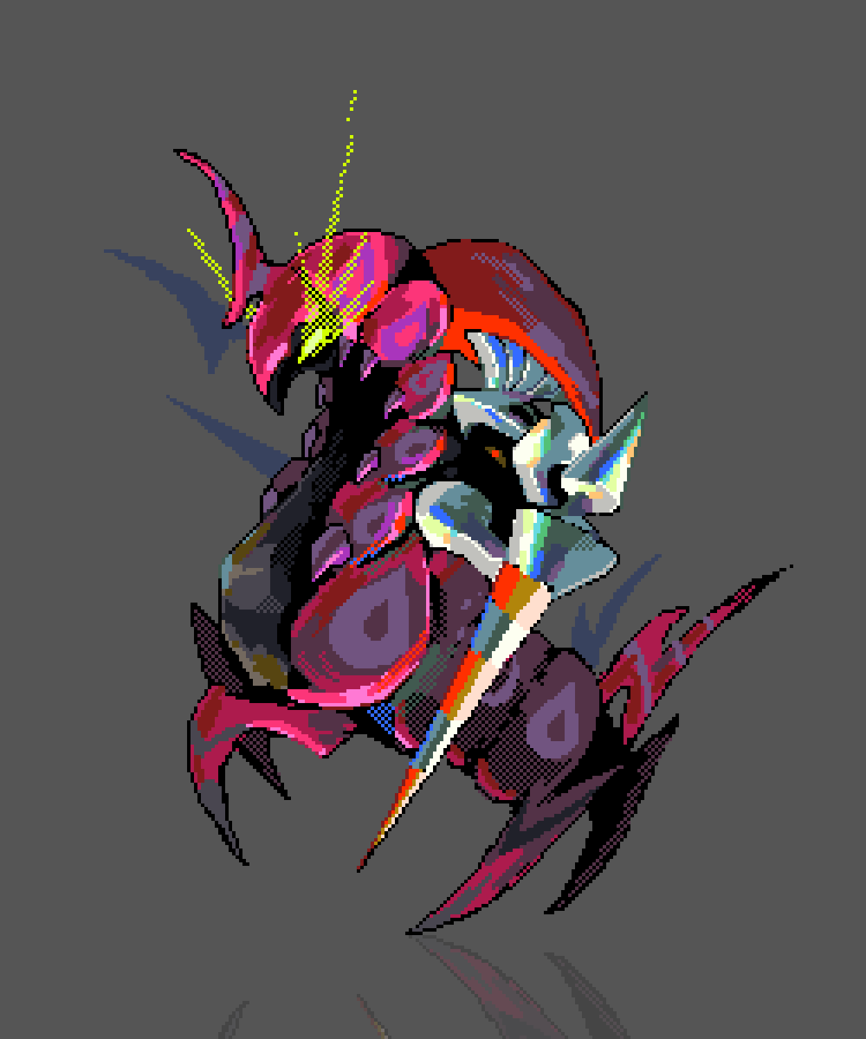 armor bug escavalier eye_trail gen_5_pokemon glowing glowing_eye glowing_eyes green_eyes highres holding holding_polearm holding_weapon knight lance light_trail looking_at_viewer nintendo no_humans pixel_art pokemon pokemon_(creature) pokemon_focus polearm rearing red_eyes riding riding_pokemon robin_(pixelated_robin) scolipede weapon