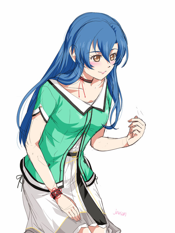 1girl artist_name blue_hair breasts cowboy_shot double-parted_bangs eiyuu_densetsu hair_between_eyes kuro_no_kiseki kuro_no_kiseki_(series) kuro_no_kiseki_ii long_hair long_sidelocks medium_breasts nina_fenly shirt short_sleeves sidelocks simple_background skirt smile solo white_background wristband xiacheng_tatsuya yellow_eyes