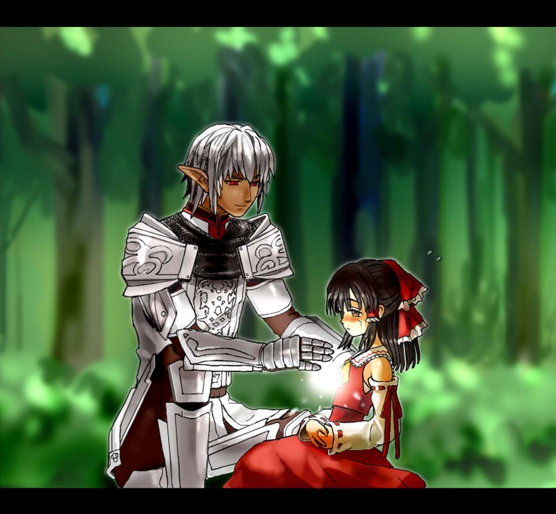 1boy 1girl armor ascot black_hair bow buront commentary_request crossover detached_sleeves elf elvaan final_fantasy final_fantasy_xi forest frilled_bow frilled_hair_tubes frills grey_hair hair_tubes hakurei_reimu healing kneeling letterboxed long_hair looking_at_another magic nature own_hands_clasped own_hands_together paladin pointy_ears red_bow red_eyes ribbon ribbon-trimmed_sleeves ribbon_trim shashin short_hair sitting the_iron_of_yin_and_yang touhou yellow_ascot