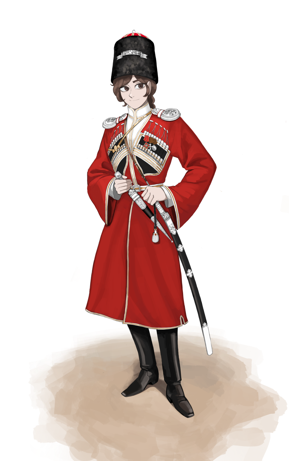1girl baldric belt belt_buckle black_boots boots braid brown_eyes brown_hair buckle cherkeska coat cossack cyrillic dagger epaulettes full_body fur_hat gazyr hat high_collar highres holding holding_dagger holding_knife holding_sword holding_weapon insignia katyusha_(98269886) kindjal knife leather leather_boots long_sleeves looking_at_viewer medal medium_hair military military_uniform original papakha red_coat ribbon_of_saint_george russian_text scabbard shadow shashka sheath shirt smile solo standing sword sword_knot tassel weapon white_background white_epaulettes white_shirt wide_sleeves