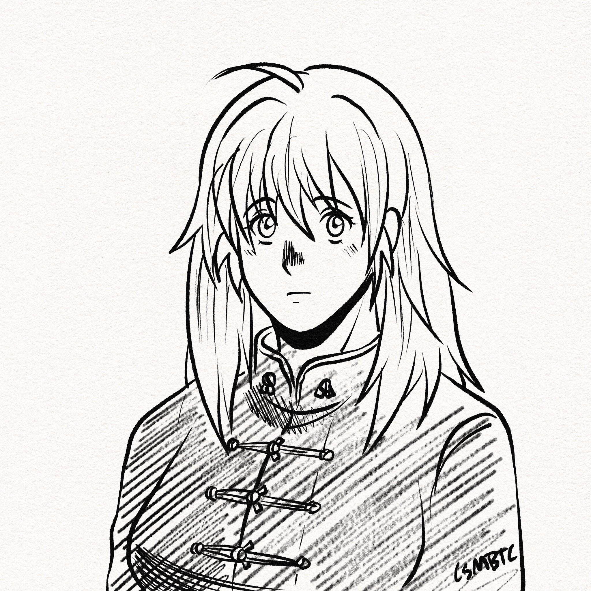 1girl ahoge chinese_clothes closed_mouth commentary csmbtc dorohedoro english_commentary eyelashes greyscale hair_between_eyes highres inktober long_hair long_sleeves monochrome nikaidou_(dorohedoro) simple_background solo tangzhuang upper_body