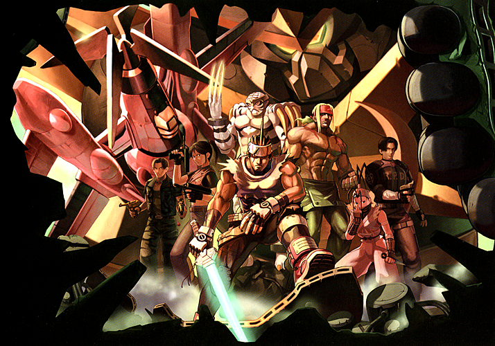 2girls 5boys abs alex_(street_fighter) antenna_hair artist_request bulletproof_vest byakko_(star_gladiator) capcom choukou_senki_kikaioh choukou_senki_kikaiou claire_redfield claw_(weapon) company_connection crossover forehead_protector gun handgun headband ibuki_(street_fighter) kanzaki_hayato_(star_gladiator) kikaioh leon_s._kennedy mecha multiple_boys multiple_girls muscular ninja official_art pistol ponytail resident_evil resident_evil_-_code:_veronica robot star_gladiator steve_burnside street_fighter street_fighter_iii_(series) submachine_gun weapon