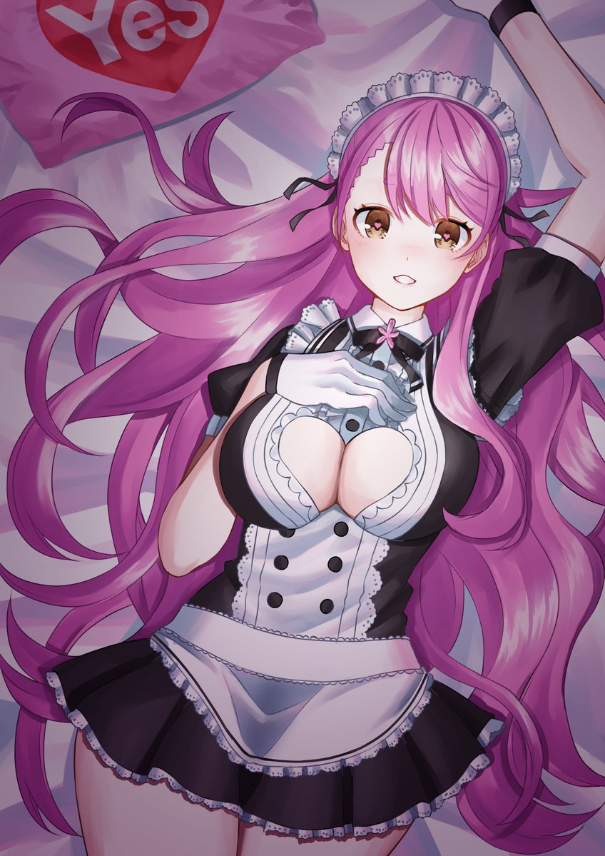 1girl aboreen aizono_manami breasts brown_eyes cleavage clothing_cutout gloves hand_on_own_chest heart heart-shaped_pupils heart_cutout large_breasts light_blush long_hair lying maid maid_headdress nijisanji on_back on_bed pillow purple_hair smile solo symbol-shaped_pupils underboob underboob_cutout very_long_hair virtual_youtuber white_gloves