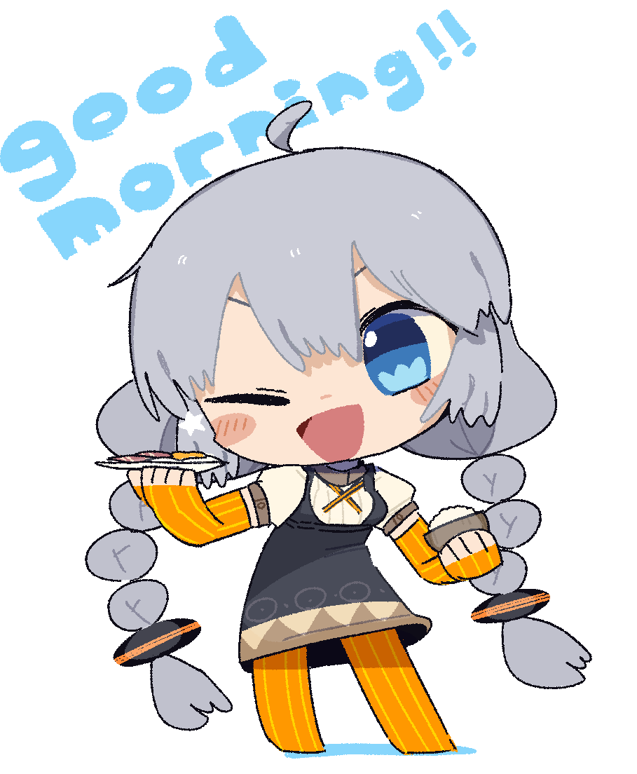 1girl ;d ahoge bacon black_dress blue_eyes blush_stickers braid chibi chibi_only commentary_request dress egg_(food) fingerless_gloves food full_body gloves good_morning grey_hair holding holding_plate kizuna_akari konohoshi long_hair looking_at_viewer no_shoes one_eye_closed open_mouth orange_gloves orange_pantyhose pantyhose pinafore_dress plate puffy_short_sleeves puffy_sleeves shirt short_sleeves simple_background sleeveless sleeveless_dress smile solo standing striped_clothes striped_gloves striped_pantyhose twin_braids v-shaped_eyebrows vocaloid voiceroid white_background white_shirt