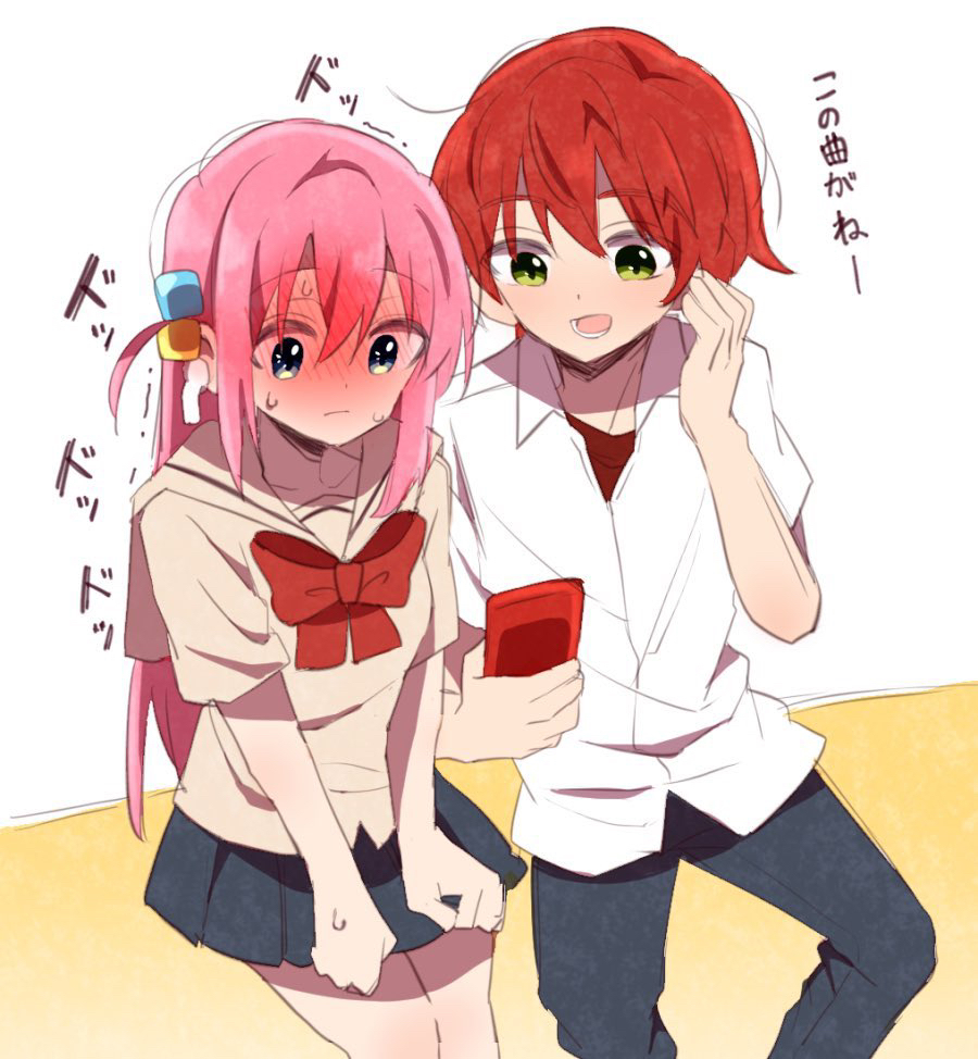 1boy 1girl bocchi_the_rock! earbuds earphones genderswap genderswap_(ftm) gotoh_hitori heartbeat hetero kita_ikuyo no_jacket phone school_uniform talking warashi67 wireless_earphones