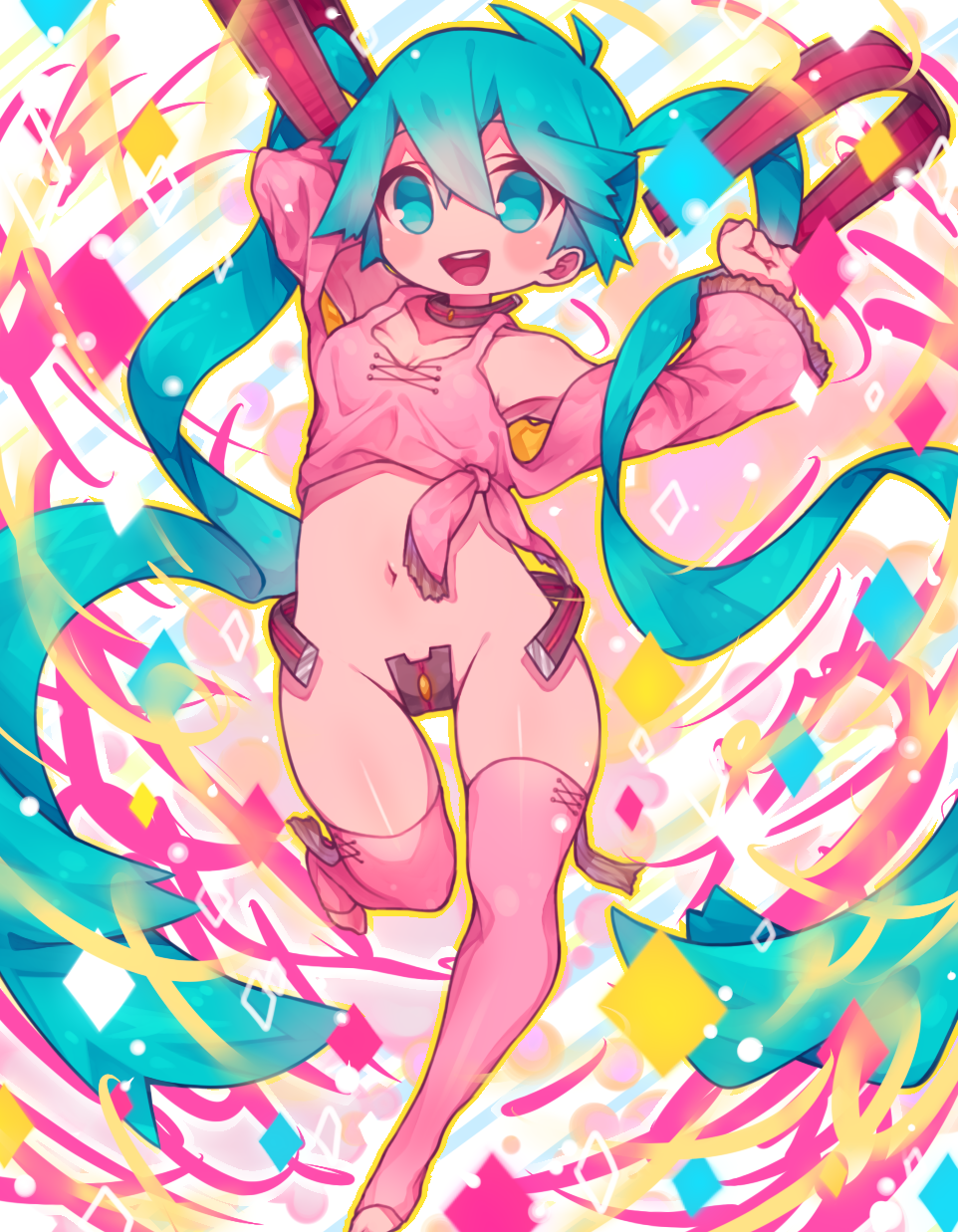 1girl arm_up blue_eyes breasts confetti hair_between_eyes hatsune_miku highres long_hair looking_at_viewer open_mouth pink_thighhighs small_breasts solo standing standing_on_one_leg thigh_blush thighhighs twintails very_long_hair vocaloid zudzuki