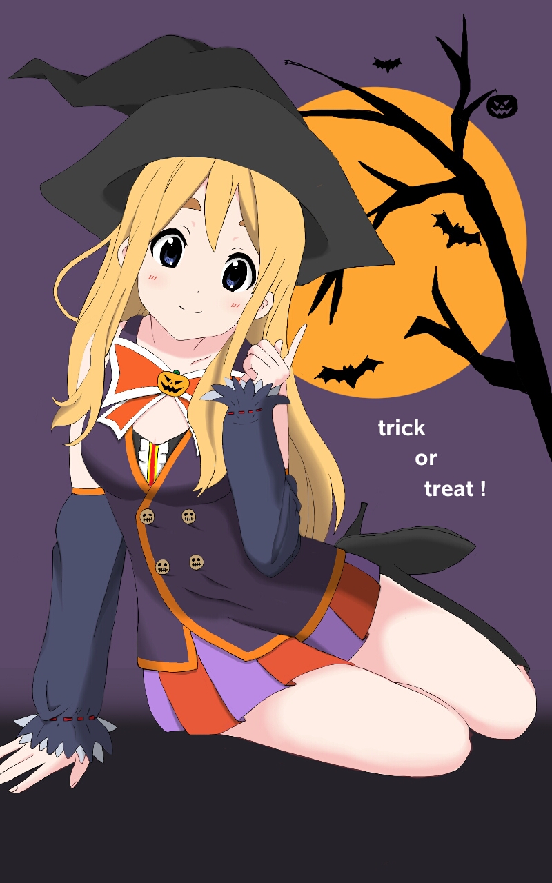 1girl bare_legs bat_(animal) blonde_hair blue_eyes closed_mouth english_text female_focus halloween hat highres k-on! kotobuki_tsumugi looking_at_viewer moon nekonopapa smile solo tree trick_or_treat witch witch_hat