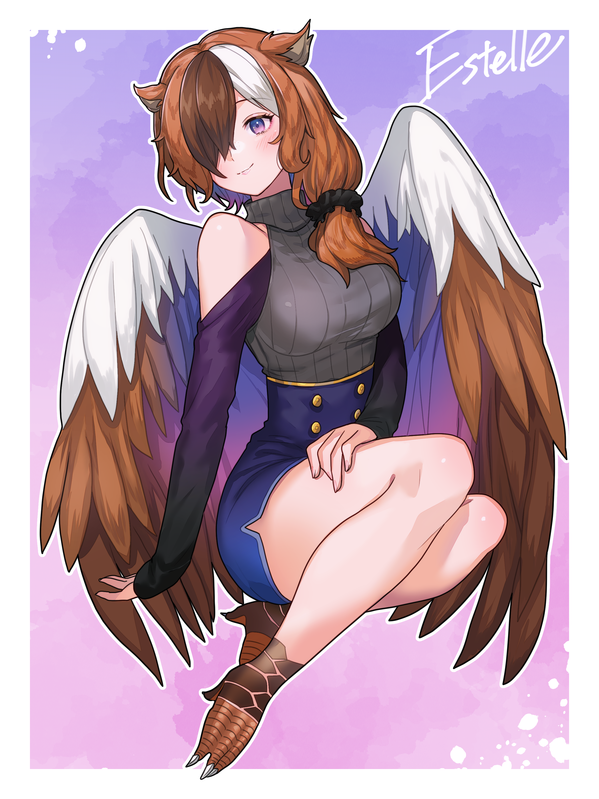 1girl absurdres animal_ears animal_feet bird_wings blue_skirt brown_hair brown_wings claws closed_mouth clothing_cutout estelle_(cieluscian) feathered_wings full_body gradient_background gradient_eyes grey_sweater hair_ornament hair_over_one_eye hair_over_shoulder hair_scrunchie harpy high-waist_skirt highres long_hair long_sleeves low_ponytail monster_girl multicolored_background multicolored_eyes multicolored_hair original pink_background pink_eyes ponytail purple_background purple_eyes scrunchie second-party_source shoulder_cutout sitting skirt sleeveless sleeveless_sweater sleeves_past_wrists solo streaked_hair sweater tokitou_fuji turtleneck turtleneck_sweater white_hair wings