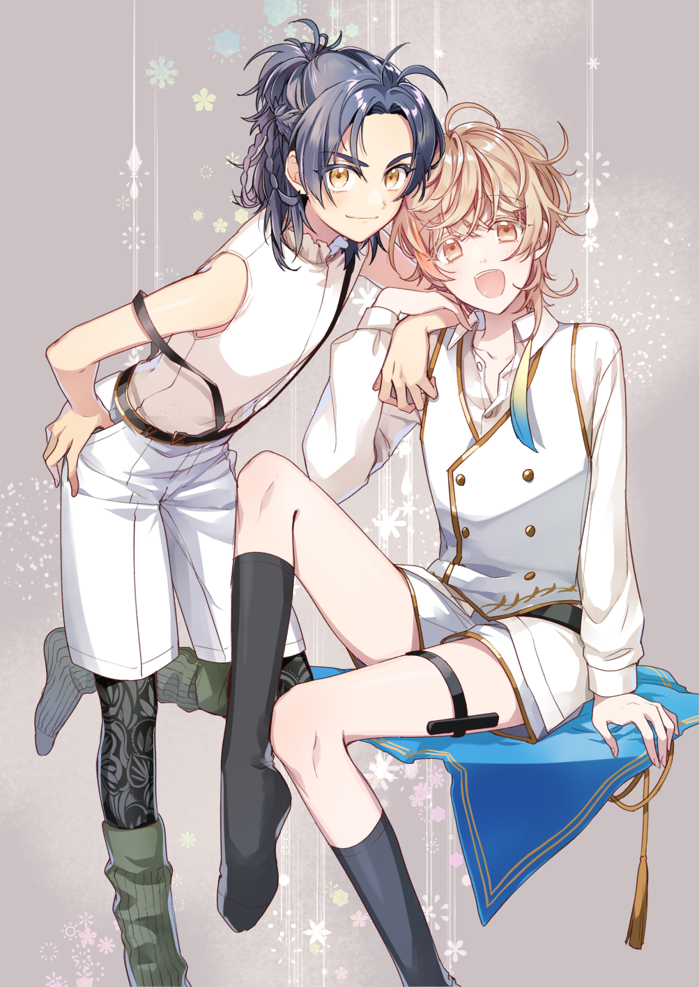 2boys :d black_socks blonde_hair blue_hair braid collared_shirt cosplay costume_switch hand_on_own_hip highres hoshi_akari kneehighs long_hair male_focus monoyoshi_sadamune multiple_boys open_mouth pantyhose pantyhose_under_shorts patterned_legwear shirt shorts sitting smile socks socks_over_pantyhose suspenders suspenders_slip taikogane_sadamune tassel touken_ranbu vest waistcoat yellow_eyes