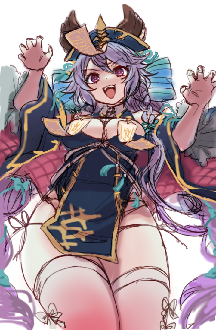 1girl animal_ears breasts ekra granblue_fantasy jiangshi jiangshi_costume kneehighs large_breasts looking_at_viewer nail_polish official_alternate_costume ofuda ofuda_on_head panties satyr_(granblue_fantasy) satyr_(halloween)_(granblue_fantasy) socks underwear