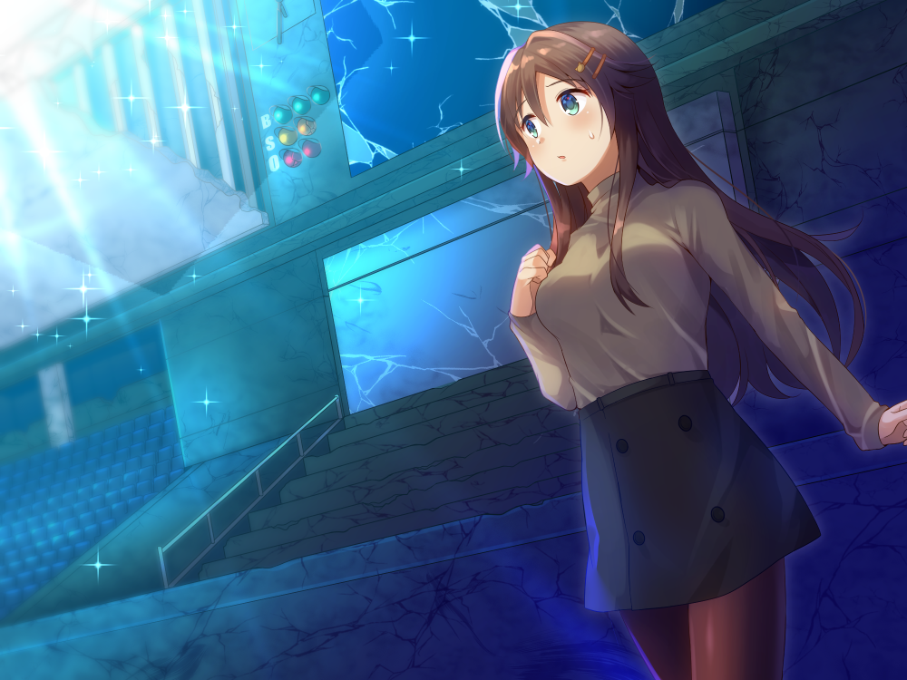 1girl :o aqua_eyes brown_hair buttons cowboy_shot double-breasted dutch_angle female_focus hair_ornament hairclip himekawa_yuki idolmaster idolmaster_cinderella_girls light_rays looking_away pantyhose ruins skirt solo sweatdrop sweater tokyo_dome turtleneck turtleneck_sweater walking z.nov