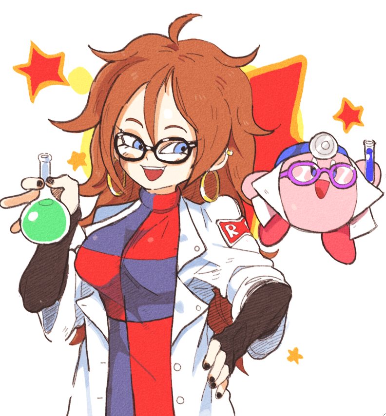 1girl alternate_costume android_21 black-framed_eyewear black_nails black_sleeves blue_dress blue_eyes breasts brown_hair checkered_clothes checkered_dress crossover dragon_ball dragon_ball_fighterz dress earrings fingernails flask glasses gold_earrings hand_on_own_hip hand_up holding holding_flask holding_test_tube hoop_earrings inkerton-kun jewelry kirby kirby_(series) lab_coat large_breasts long_hair long_sleeves looking_at_another looking_to_the_side multicolored_dress nail_polish nintendo open_mouth purple-framed_eyewear red_dress red_ribbon_army round-bottom_flask smile star_(symbol) star_symbol_background teeth test_tube turtleneck turtleneck_dress upper_teeth_only