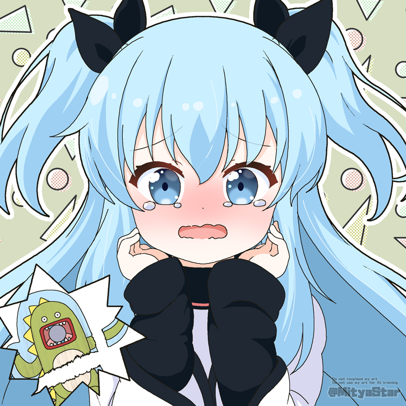 1girl black_ribbon blue_eyes blue_hair blush broken commentary_request commission english_text grey_background hair_between_eyes hair_ribbon jacket layered_sleeves long_hair long_sleeves mitya noel_(sora_no_method) nose_blush open_mouth outline photo_stand-in ribbon skeb_commission sleeves_past_wrists solo sora_no_method tears twitter_username two_side_up upper_body very_long_hair watermark wavy_mouth white_jacket white_outline wide_sleeves