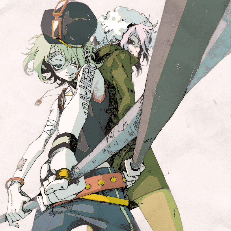 2girls 7466_(chinese) arm_tattoo bandaid bandaid_on_arm bandaid_on_face baseball_bat baseball_cap belt black_pants black_tank_top dual_persona exhaust_pipe fighting_stance fur_hat goggles goggles_on_headwear green_eyes green_hair green_jacket green_pantyhose gumi hat jacket jewelry looking_ahead looking_down multiple_girls necklace panda_hero_(vocaloid) pants pantyhose pink_hair short_hair smile studded_belt tank_top tattoo thumb_ring vocaloid white_background wristband