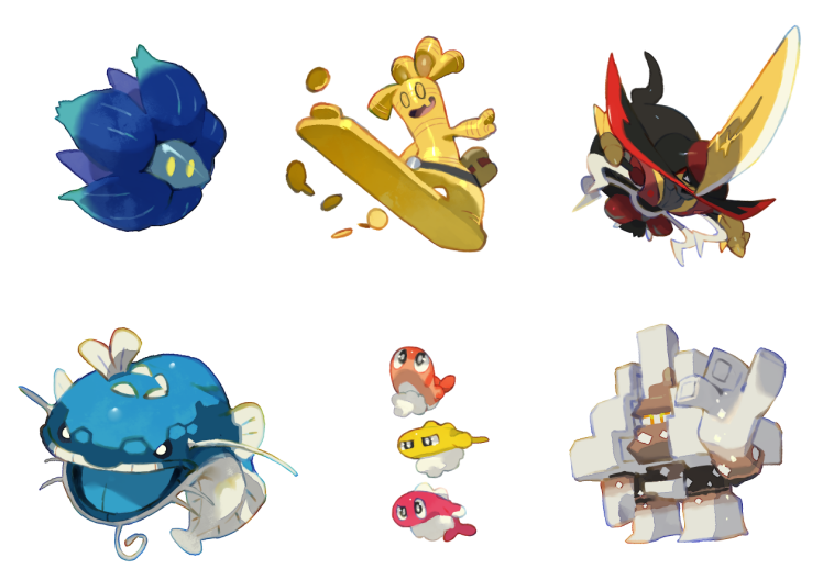 belt belt_bag belt_buckle black_belt black_eyes bright_pupils buckle coin dondozo e_volution fish garganacl gholdengo glimmora kingambit looking_up nintendo open_mouth pokemon simple_background tatsugiri tongue white_background white_pupils yellow_eyes