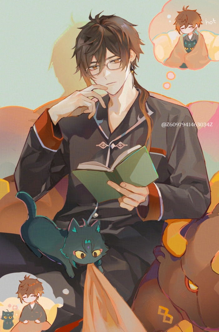 1boy 1other animalization azhdaha_(genshin_impact) black_fur black_pajamas black_pants book brown_hair cat closed_mouth earrings genshin_impact glasses gradient_hair hair_between_eyes holding holding_book jewelry long_hair long_sleeves male_focus multicolored_hair pajamas pants single_earring stuffed_animal stuffed_dragon stuffed_toy tassel tassel_earrings xiao_(genshin_impact) yellow_eyes z6097941463034z zhongli_(genshin_impact)