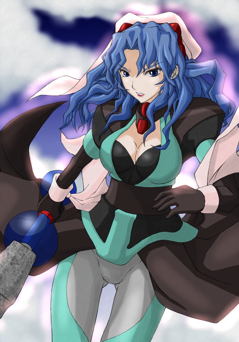 1990s_(style) 1girl amakarakuchi black_gloves blue_hair blurry blurry_background breasts choker cleavage cloud cloudy_sky el_hazard female_focus gloves gluteal_fold hair_between_eyes headdress headgear highres holding holding_staff ifurita large_breasts lipstick long_hair looking_at_viewer makeup parted_bangs parted_lips puffy_sleeves retro_artstyle sash skin_tight sky solo staff v-shaped_eyebrows wind