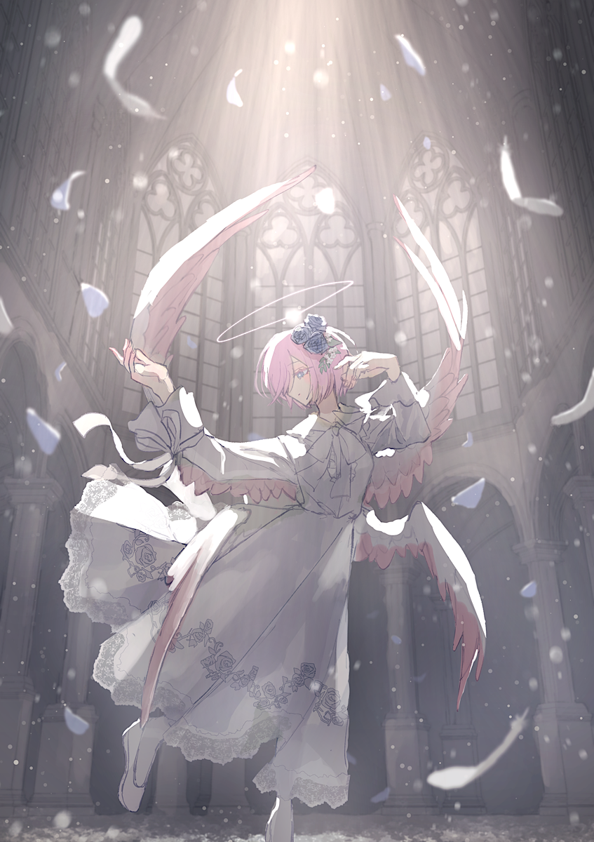 1girl angel angel_day angel_wings arch bad_arm blue_eyes blue_flower blue_rose bow bowtie church closed_mouth dancing dress expressionless falling_feathers feathered_wings feathers floral_print flower foot_out_of_frame frilled_sleeves frills full_body hair_flower hair_ornament hair_over_one_eye halo hand_up highres indoors jitome lace lace-trimmed_dress lace_trim lens_flare light_particles long_dress looking_to_the_side multiple_wings original outstretched_arm pantyhose pillar pink_hair pink_wings rihaku_ritsu rose rose_print shoes short_hair sleeve_ribbon solo spotlight standing standing_on_one_leg traditional_halo two-tone_wings white_bow white_bowtie white_dress white_halo white_pantyhose white_shoes white_wings window wings