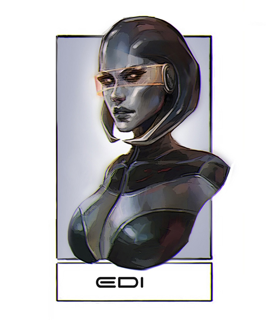 1girl android character_name commentary edi_(mass_effect) english_commentary engrish_commentary eva_kosmos grey_lips hologram looking_at_viewer mass_effect_(series) mass_effect_3 metal_skin orange_eyes parted_lips portrait solo