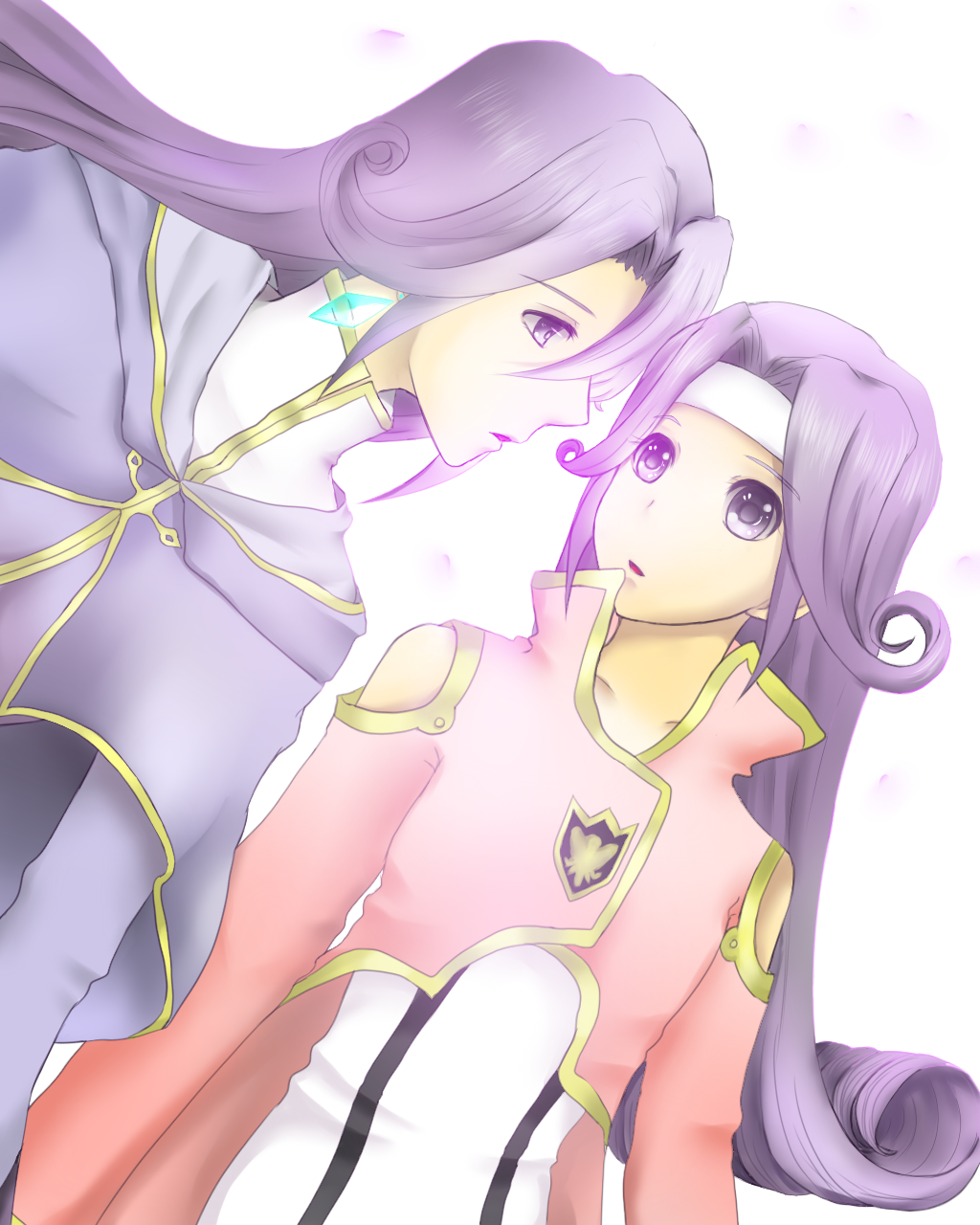 2girls breasts coat dress earrings headband highres jewelry long_hair mel_(tales) meltia_(tales) multiple_girls open_mouth purple_eyes purple_hair tales_of_(series) tales_of_phantasia:_narikiri_dungeon tales_of_phantasia:_narikiri_dungeon_x