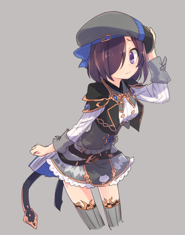 1girl female_focus hair_over_one_eye hat kyuuri_(miyako) pop-up_story purple_eyes purple_hair short_hair simple_background skirt smile solo ursula_raiment
