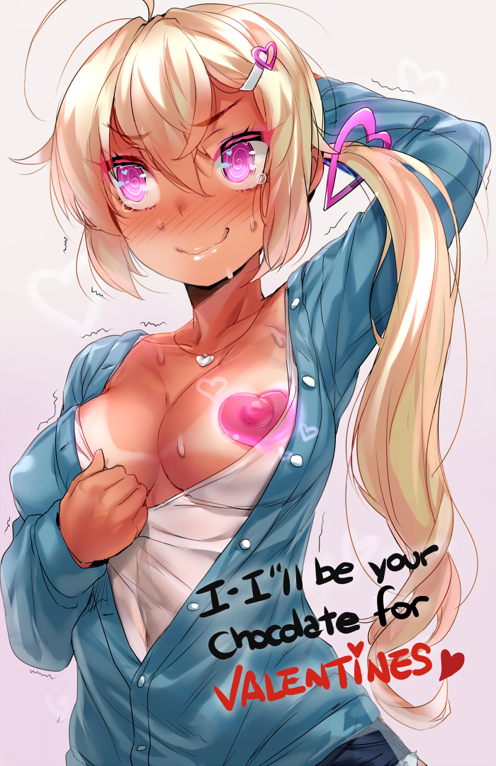 1girl @_@ ahoge bare_shoulders blonde_hair blush breasts clothes_pull collarbone english_text female_focus frown hair_ornament hairclip heart heart_hair_ornament heart_pasties jacket jewelry lips long_hair looking_to_the_side medium_breasts naso4 nervous nose_blush open_clothes open_jacket pasties pendant pink_eyes shirt_pull side_ponytail sidelocks smile solo sweat tan tanline text_focus thighhighs trembling tsurime wavy_mouth