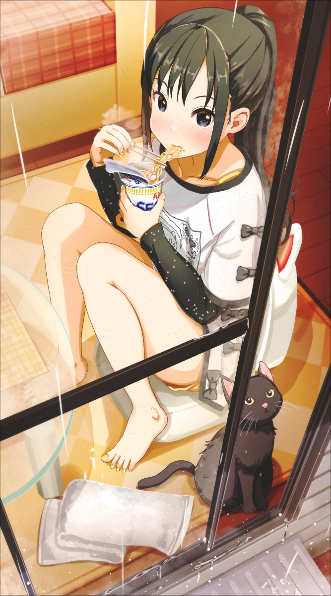 1girl aiuabo barefoot black_bow black_cat black_eyes black_hair black_sleeves blush bow bra_strap cat chopsticks closed_mouth collarbone commentary_request cup eating food full_body glass_table highres holding holding_chopsticks holding_cup holding_food layered_sleeves long_hair long_sleeves nail_polish nissin_cup_noodle original polka_dot_sleeves ponytail print_shirt rain shirt shirt_bow short_over_long_sleeves short_sleeves shorts sidelocks sitting solo steam table toenail_polish toenails towel white_shirt yellow_nails yellow_shorts