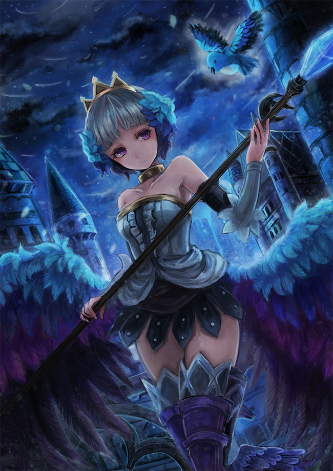 1girl bare_shoulders bird boots breasts castle dress emon_(glossy_black) expressionless grey_hair gwendolyn_(odin_sphere) low_wings odin_sphere polearm purple_eyes short_hair sky small_breasts solo spear strapless strapless_dress thigh_boots valkyrie weapon wings