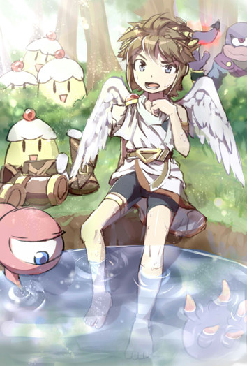 1boy adapted_costume angel angel_wings azumi_(tks-sd) barefoot belt bike_shorts_under_skirt brown_belt brown_hair character_request creature eggplant eggplant_wizard feathered_wings food forest full_body gold_thighlet grass hand_up holding holding_food holding_vegetable jewelry kid_icarus kid_icarus_uprising laurel_crown liquid male_focus monoeye nature nintendo on_grass pale_skin partially_submerged pit_(kid_icarus) sandals sidelocks sitting souflee thighlet tree unworn_sandals v-shaped_eyebrows vegetable water wings