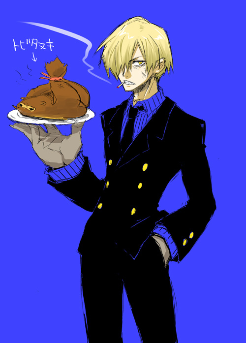 1boy blue_background cigarette cosplay crossover formal_clothes hair_over_one_eye look-alike male_focus one_piece sanji_(one_piece) sanji_(one_piece)_(cosplay) smoking solo suit tengen_toppa_gurren_lagann viral_(ttgl)