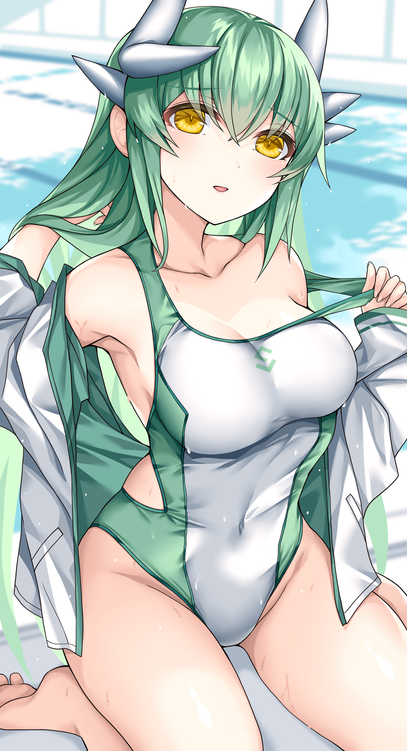 1girl alternate_costume bare_shoulders barefoot blush breasts collarbone commentary_request competition_swimsuit dragon_girl dragon_horns fate/grand_order fate_(series) green_hair hand_in_own_hair highres horns jacket kiyohime_(fate) kneeling large_breasts long_hair long_sleeves looking_at_viewer morizono_shiki off_shoulder one-piece_swimsuit open_clothes open_jacket parted_lips pool smile solo strap_pull swimsuit thighs two-tone_swimsuit water white_jacket yellow_eyes