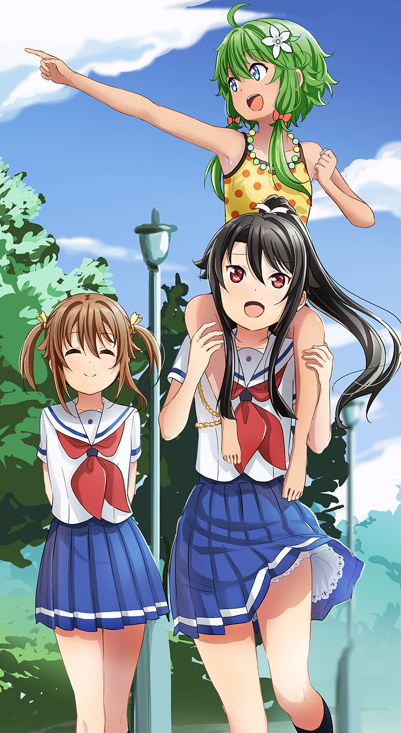 3girls abe_kanari barefoot blue_eyes blue_skirt blue_sky brown_hair carrying casual closed_eyes cloud day feet_out_of_frame green_hair high_school_fleet highres lamppost long_hair misaki_akeno multiple_girls munetani_mashiro neckerchief outdoors pleated_skirt pointing polka_dot polka_dot_shirt ponytail red_eyes red_neckerchief sailor_collar school_uniform serafuku shirt short_hair short_sleeves shoulder_carry skirt sky susan_reyes tank_top tree twintails white_sailor_collar yokosuka_girls_marine_high_school_uniform