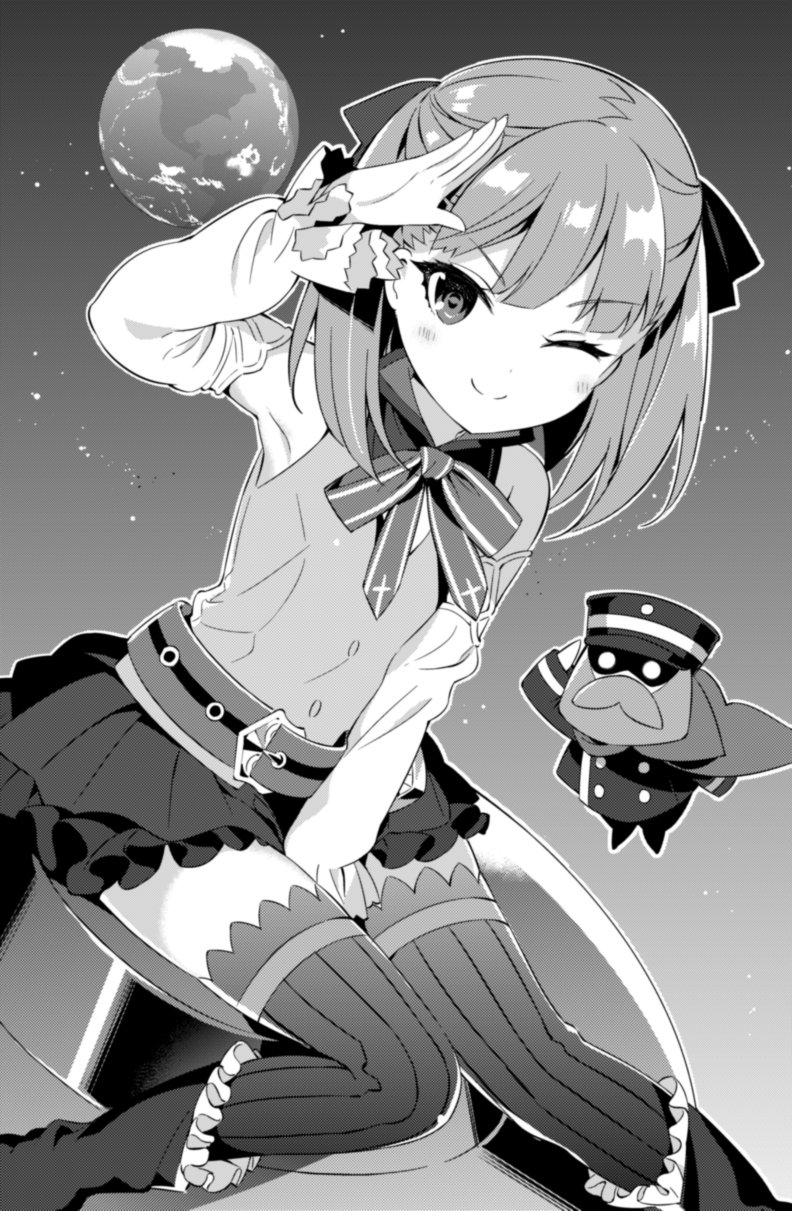 1girl ;) armpits between_legs boots bow bowtie closed_mouth detached_sleeves earth_(planet) fate/grand_order fate_(series) frills hair_ribbon hanabana_tsubomi hand_between_legs helena_blavatsky_(fate) highres homurabara_academy_school_uniform light_blush long_sleeves looking_at_viewer one_eye_closed planet ribbon salute school_uniform short_hair sitting skirt smile solo thighhighs ufo vest