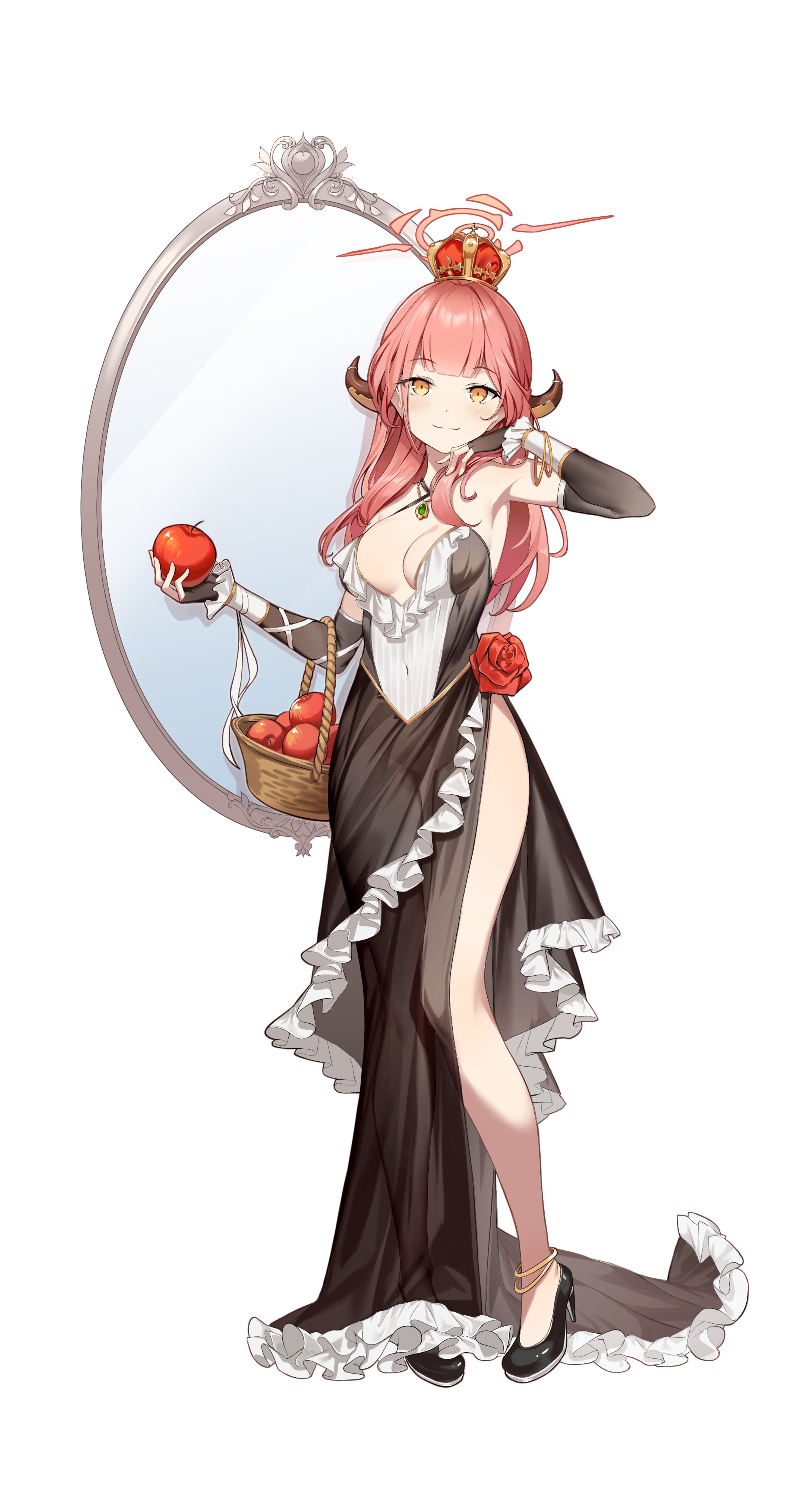 1girl absurdres alternate_costume aru_(blue_archive) black_dress black_footwear black_gloves blue_archive brown_horns crown dampi demon_horns dress fingerless_gloves full_body gloves high_heels highres horns long_hair pink_hair simple_background solo white_background yellow_eyes